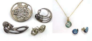 Sheila Fleet, Orkney designer silver and enamel swirl pendant and matching ear-rings,