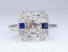 Art Deco design old cut diamond and sapphire white gold ring stamped 18ct Condition
