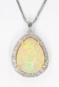 18ct natural opal and diamond cluster pendant necklace stamped 750,
