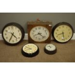Four 'Smiths' electric slave clocks and a 'International Time Recording' electric clock,