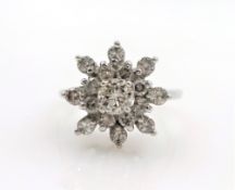 White gold diamond snowflake cluster ring stamped 14KP diamonds approx 0.