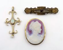 Gold opal and pearl pendant stamped 9ct, 18ct gold cameo pendant brooch,
