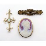 Gold opal and pearl pendant stamped 9ct, 18ct gold cameo pendant brooch,