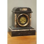 Victorian black slate and marble mantel clock, black chapter ring with gilt Roman numerals,