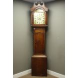 Early 19th century oak and mahogany banded longcase clock, triple arched trunk door with inlay,