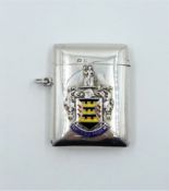 Silver vesta case with raised enamel Prudential Insurance Crest by Mappin & Webb Birmingham 1921