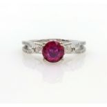 White gold single stone fine ruby ring, diamond set shoulders stamped 750 ruby approx 0.