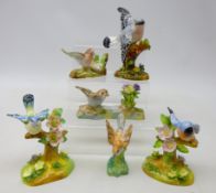 Six Crown Staffordshire bird models, some designed by J.T.