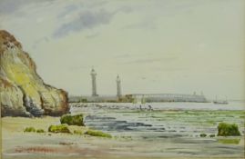 East Pier Whitby, watercolour signed by Edward H.