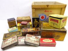 Collection of vintage tins and an Player's Airman Cigarettes advertising box,