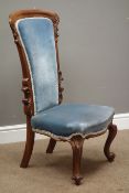 Victorian rosewood framed nursing chair, acanthus carved cresting and uprights, cabriole supports,