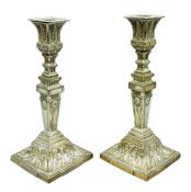 Pair Victorian Sheffield plate candlesticks with pierced scroll work,
