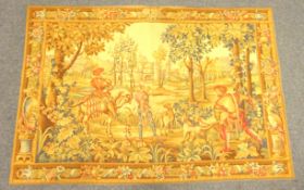 French Ponte De L'Halluin machine woven tapestry wall hanging featuring a Hunting Scene with Border
