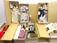 Nine Franklin Heirloom dolls by Franklin Mint including Marie Antoinette, The Strawberry Girl,