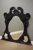 Victorian ebonised over mantel mirror, shaped bevelled glass plate,