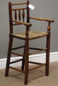 18th century elm and fruitwood child's high chair, spindle back, rush seat,