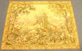 Large French Panneaux Gobelins machine woven tapestry wall hanging featuring a woodland landscape