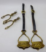 Pair Latin American cast brass bell stirrups with leather and spurs (4) Condition Report