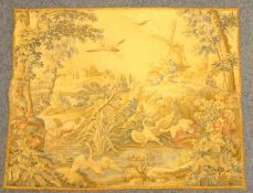French Panneaux Gobelins machine woven tapestry wall hanging, depicting a lake scene,