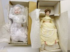 Five Franklin Heirloom dolls by Franklin Mint including Victorian Bride, Madame De Pompadour,