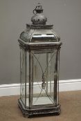 Large floor standing lantern, four sided with brushed metal frame and swing handle,