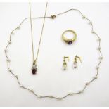 Pearl set 9ct gold wire necklace stamped 375, amethyst gold ring,