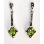 Pair of peridot and marcasite silver drop ear-rings stamped 925 Condition Report