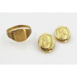 Hallmarked 9ct gold signet ring and a pair 9ct gold 'Iolanthe' ear-rings boxed 4.