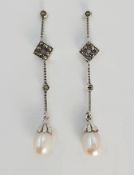 Pair pearl and marcasite silver drop ear-rings stamped 925 Condition Report <a