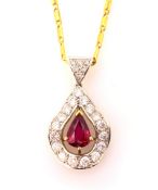 Pear shaped ruby and diamond 18ct white and yellow gold pendant necklace,