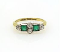 Art Deco emerald and diamond gold ring stamped 18ct PLAT Condition Report Approx 2.