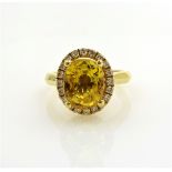 18ct gold yellow sapphire and diamond halo cluster ring hallmarked sapphire approx 3.