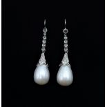 Pair of pearl and diamond 18ct white gold (tested) pendant ear-rings diamonds approx 0.