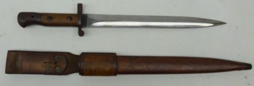 British WWll Bayonet, 30cm twin edge fullered bale stamped Wilkinson London, part wood grip,