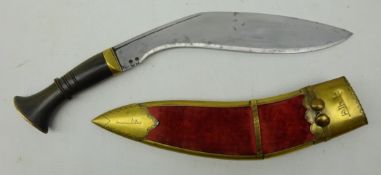 Kukri knife, 25cm curved single edge blade with horn handle in brass and plush sheath,