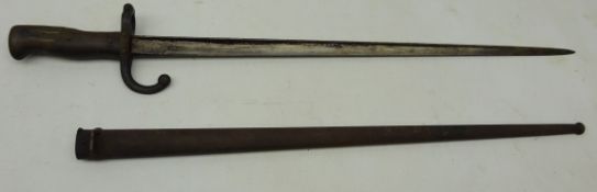 French Bayonet, 52cm straight steel blade engraved on spine with date 1876, shaped part wooden grip,