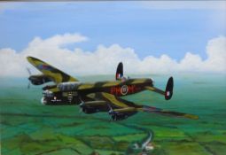 'Lancaster PM-M2 City of Lincoln over the Lincolnshire Wolds' oil on board, signed R.
