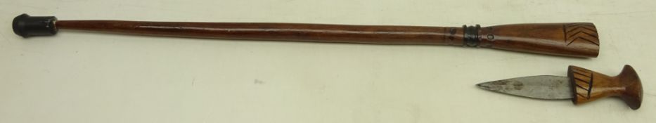 Carved African hardwood walking stick with dagger handle, carved decoration,
