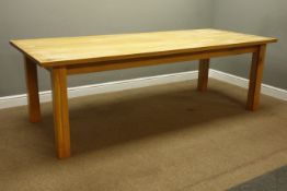 Rectangular light oak dining table on square supports, 240cm x 101cm,