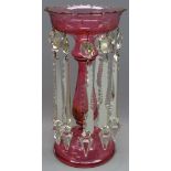 Victorian cranberry glass lustre with cut glass drops,