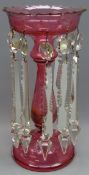 Victorian cranberry glass lustre with cut glass drops,