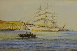 Clipper Ship off the Coast, watercolour signed and dated 1945 by A D Bell aka Wilfred Knox