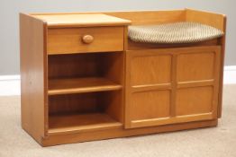 1970s teak telephone table, with cupboard and upholstered seat cushion, W92cm, H57cm,