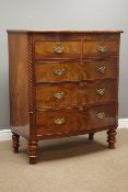 Victorian figured mahogany bow front chest, three long and two short drawers, W105cm, H121cm,