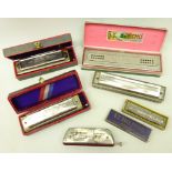 Collection of six Hohner harmonicas; two 'The Super Chromonica' both boxed, 'The Echo' boxed,