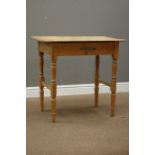 Early 20th century stripped pine side table, single frieze drawer, turned supports, W80cm, H73cm,