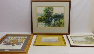 'The Bass Rock', watercolour indistinctly signed verso, Figures by a Lake,