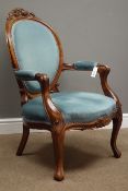 Victorian walnut framed open armchair, floral carved cresting rail, serpentine seat,