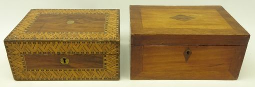 Victorian sewing box with fitted interior and a similar box with marquetry decoration