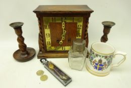 Oak and brass mounted mantle clock with barley twist pilasters with matched pair oak barley twist